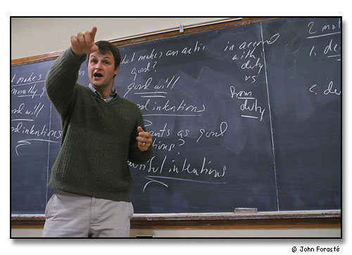 Max Latona, Professor of Philosophy, teaching class on ethics. <br>Saint Anselm College, Manchester, New Hampshire. October 2002.