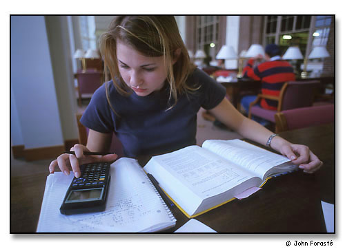 Student working in library. <br>Main Room, Olin Memorial Library, Wesleyan University, Middletown, Connecticut. September 2000.