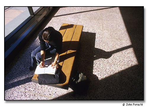 Student working in the science library foyer. Wesleyan University, Middletown, Connecticut. September 2000.