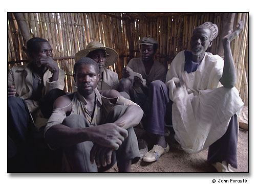 Village men and chief during meeting in mountain school, above Mora, Cameroon, Africa