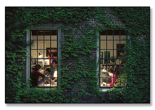 Students in dormitory. <br>Photograph made for the cover (full wrap) of the College Admission's Viewbook. <br>Brown University, Providence, Rhode Island. July 1984.