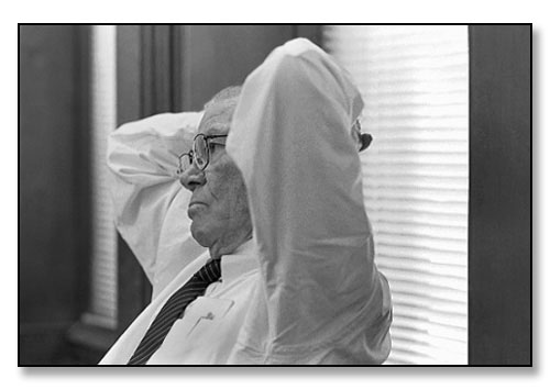 Robert McNamara, Secretary of Defense for Lyndon Johnson, during seminar on The Critical Oral History Project on Vietnam. <br>The Watson Institute for International Studies, Brown University, Providence, Rhode Island. February 1996.