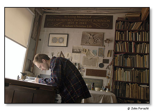 Hugh Grace, apprentice stonecarver, The John Stevens Shop. Newport, Rhode Island. May 2003.