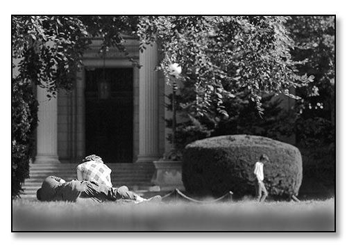 College students on an early fall day. <br>The Main Green, Brown University, Providence, Rhode Island. October 1983.