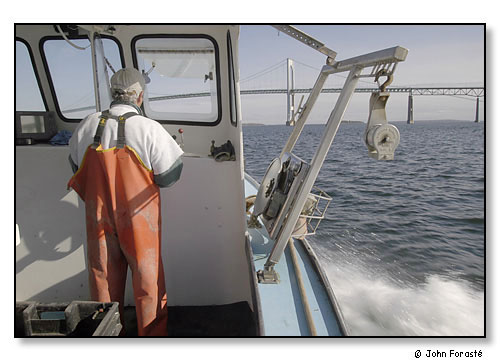 Russ Wallis, lobsterman, heading out in the morning to check his pots. The Claiborne Pell Bridge (long known as the Newport Bridge). On lower Narragansett Bay off Newport, Rhode Island. May 2003.