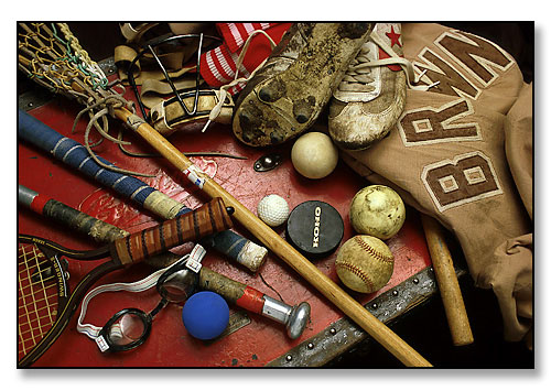 Athletic equipment (used and worn) from series on the Tools of the University. <br>Brown University, Providence, Rhode Island. August 1986.