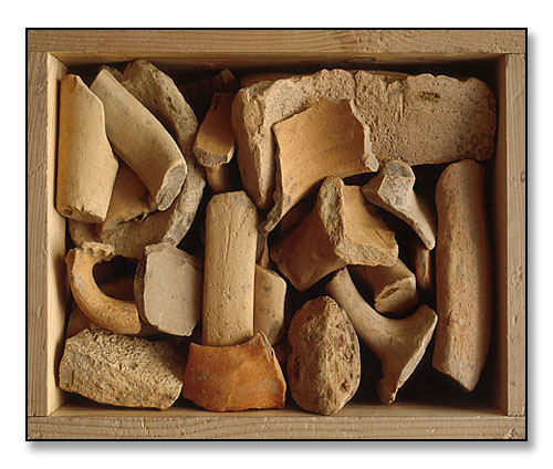 Boxed pottery shards. <br>Corfu (aka Kérkira), Greece. July 1990.