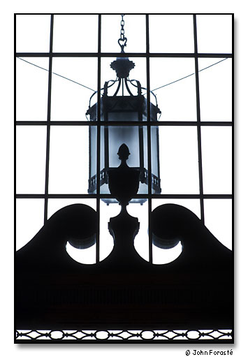 Architectural elements over main entrance to library. <br>Olin Memorial Library, Wesleyan University. Middletown, Connecticut. October 2001.