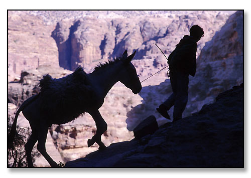 Badoul Bedouin boy & donkey. <br>En route to El Deir in the mountains above the ancient city of Petra, Jordan. August 1997.